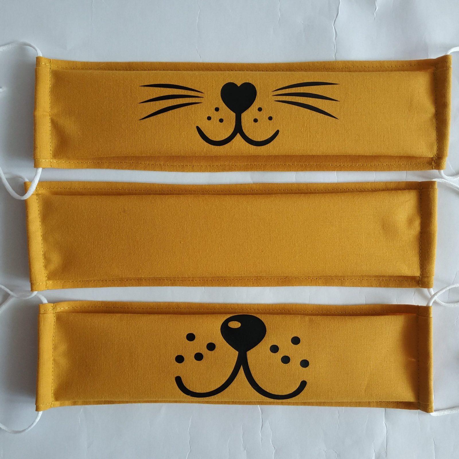 maseczka wielorazowa bawełniana musztardow a zestaw kot, pies, gładka (3)